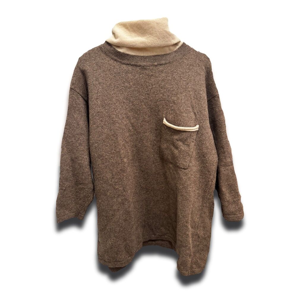 Vintage Benetton Italy Brown Cream Turtleneck Tunic Sweater Woman's Medium